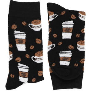 A folded pair of black women's socks with coffee cups and beans