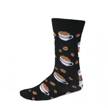 Load image into Gallery viewer, Women&#39;s coffee in a cup and beans theme socks on black background 