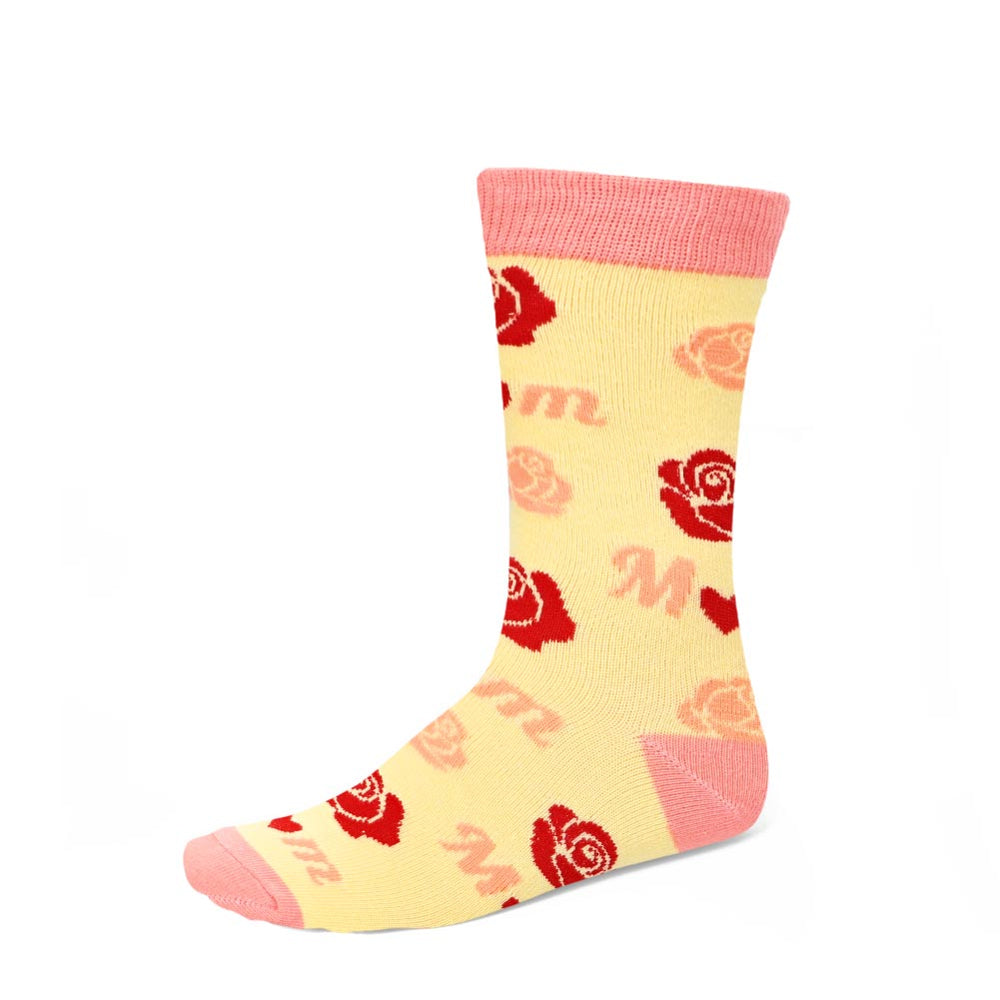 Mom novelty socks designed roses and hearts in cream, pink and red