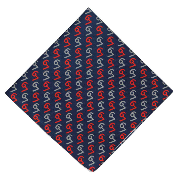 Navy blue pocket square with red and gray '67' pattern on a white background