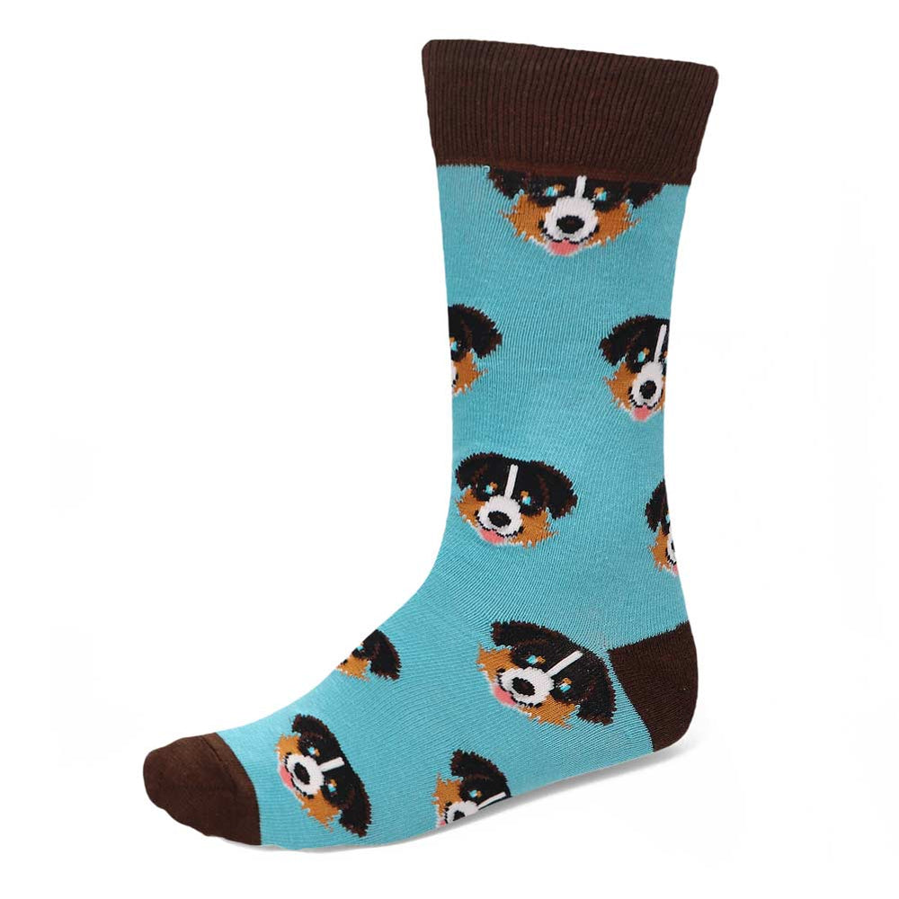 A pair of light blue and brown socks with Men's Australian Shepherd dog faces