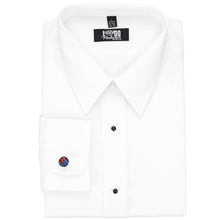 Load image into Gallery viewer, Blue and orange houndstooth pattern fabric cufflinks on a white dress shirt.