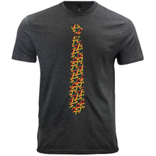 Load image into Gallery viewer, A gray t-shirt with a red, yellow and green geometric pattern necktie printed on