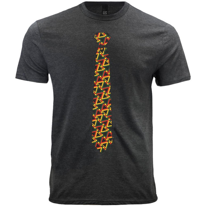 A gray t-shirt with a red, yellow and green geometric pattern necktie printed on