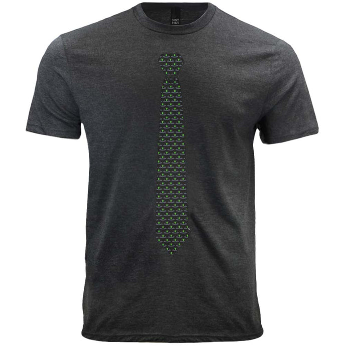 A men's gray t-shirt with an alien and UFO necktie design