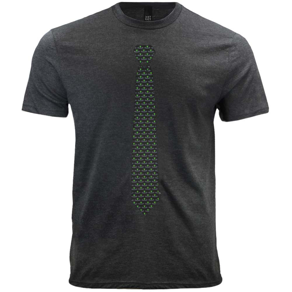 A men's gray t-shirt with an alien and UFO necktie design