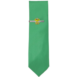 A yellow alien tie bar on an emerald green necktie