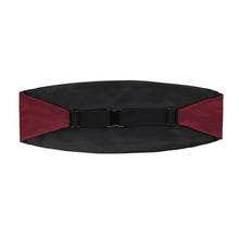 Load image into Gallery viewer, Back of a burgundy cummerbund, showing the black elastic straps to secure it.