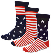 Load image into Gallery viewer, Three different styles of men's patriotic red, white and black socks