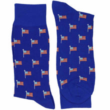 Load image into Gallery viewer, Folded pair of men's blue dress socks with an American flag pattern