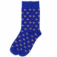 Load image into Gallery viewer, Men's blue dress socks with an American flag pattern