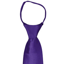 Load image into Gallery viewer, The front of the knot and collar on an amethyst purple zipper tie