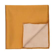 Load image into Gallery viewer, A herringbone antique gold pocket square with a folded corner revealing a lighter textured reverse side, set against a plain white background.