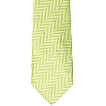 Load image into Gallery viewer, The front of a apple green and white chevron striped tie, laid out flat