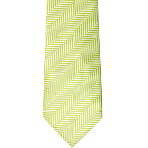 The front of a apple green and white chevron striped tie, laid out flat