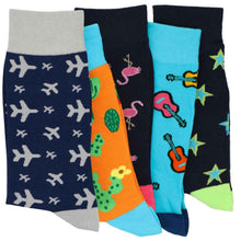 Load image into Gallery viewer, 5 pairs of cool novelty socks for men. Airplane, cactus, flamingo, guitar and star design