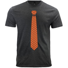 Load image into Gallery viewer, A gray t-shirt with an orange baseball coach necktie design