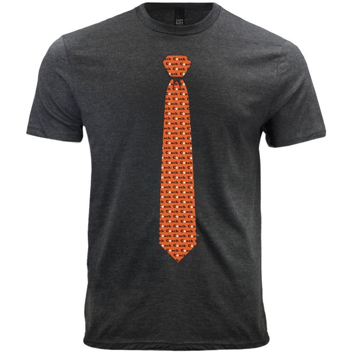A gray t-shirt with an orange baseball coach necktie design