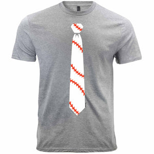 A baseball themed necktie on a gray t-shirt