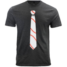 Load image into Gallery viewer, A gray t-shirt with a white and red baseball necktie design  Edit alt text