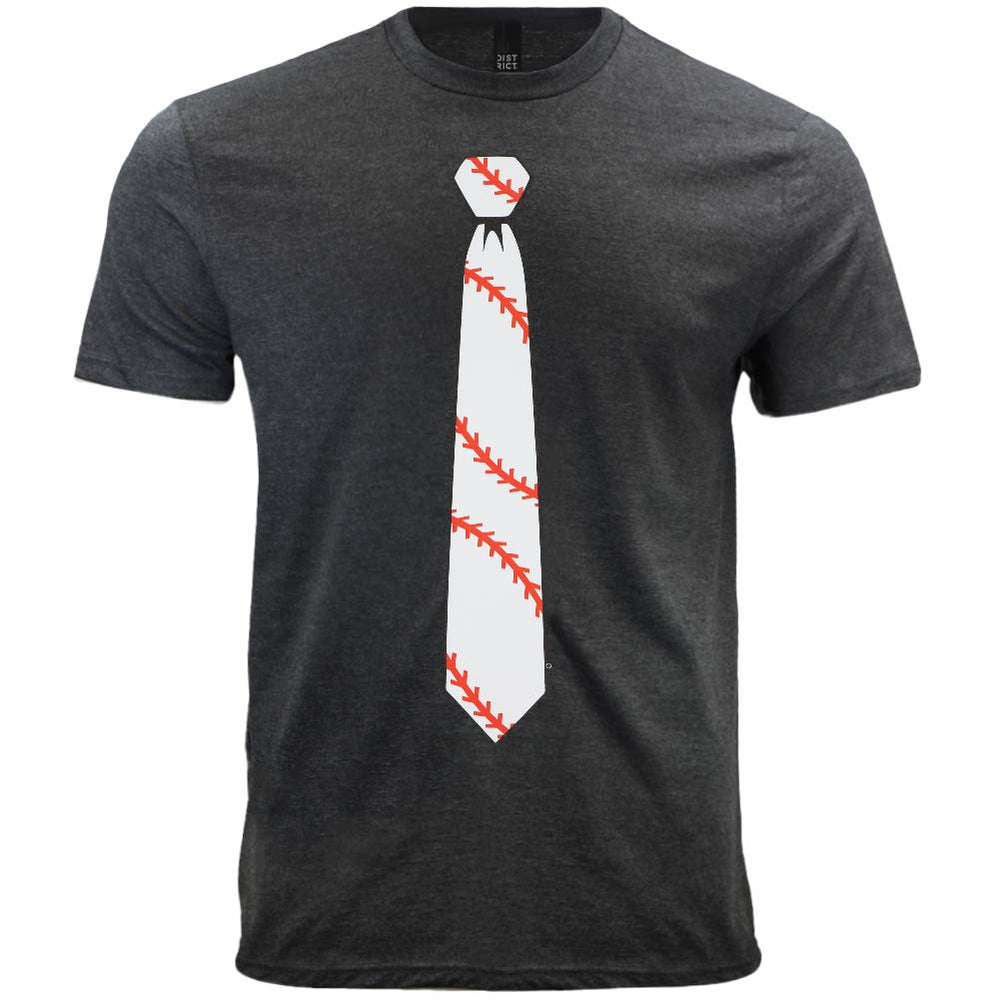 A gray t-shirt with a white and red baseball necktie design  Edit alt text