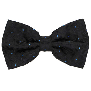 A pre-tied black textured bow tie with blue metallic polka dots