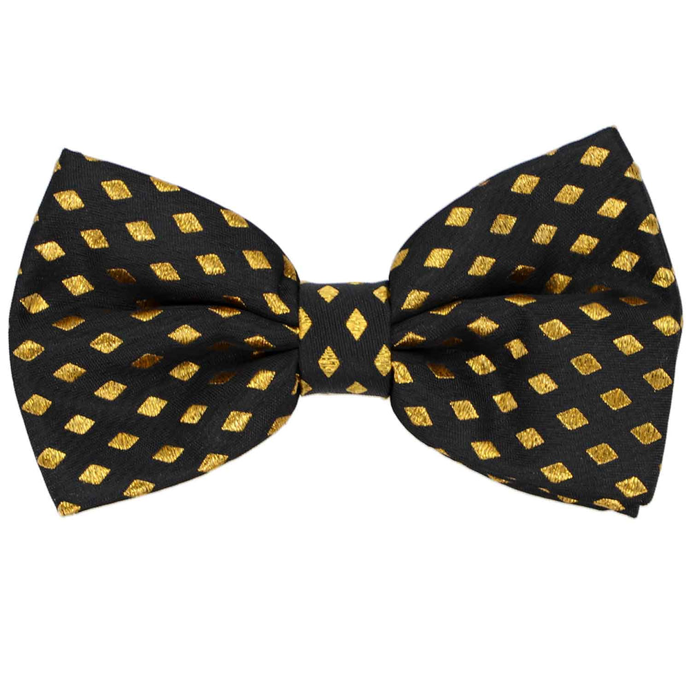 This black pre-tied bow tie has a metallic gold diamond pattern