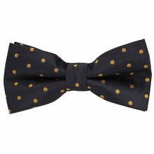 Load image into Gallery viewer, A black and old gold polka dot pre-tied bow tie