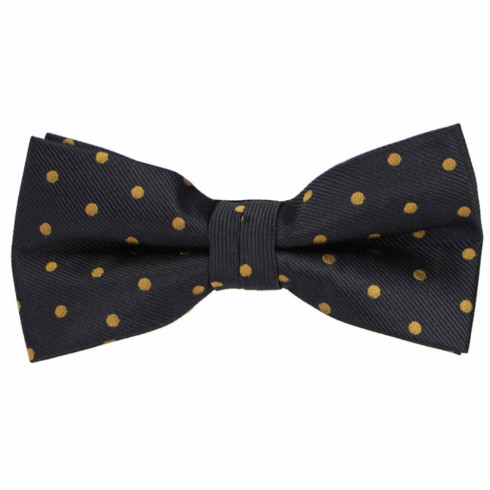 A black and old gold polka dot pre-tied bow tie