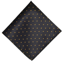 Load image into Gallery viewer, A black pocket square with old gold polka dots
