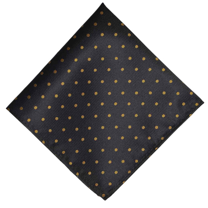 A black pocket square with old gold polka dots