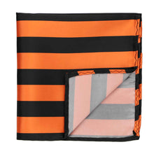 Load image into Gallery viewer, A black and orange striped pocket square with the corner flipped up to show back