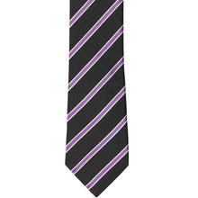 Load image into Gallery viewer, The front of a black tie with purple pencil stripe, laid flat