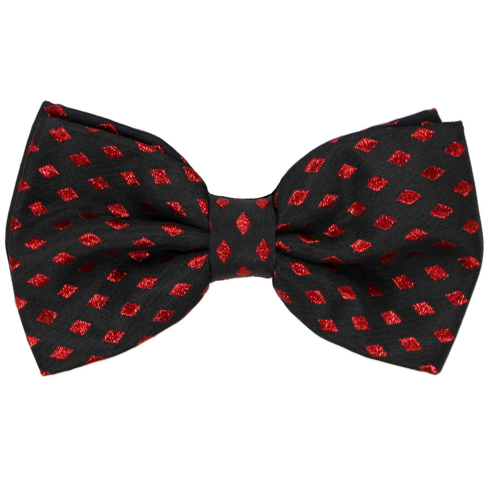 A black bow tie with a metallic red geometric diamond pattern