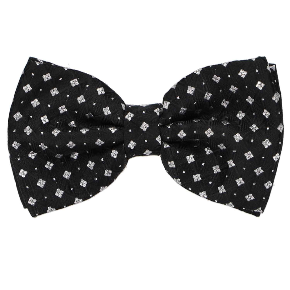 A black textured bow tie, pre-tied, with a silver metallic pattern