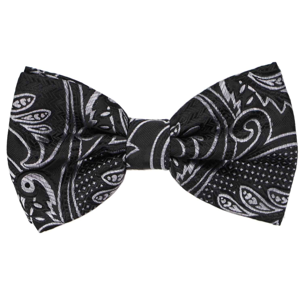 Elegant looking black and silver enlarged paisley pattern pre-tied bow tie