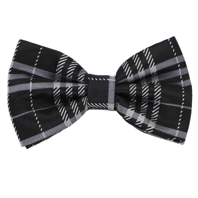 A black and silver plaid pattern pre-tied bow tie