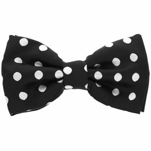 A black pre-tied bow tie with white medium-sized polka dots