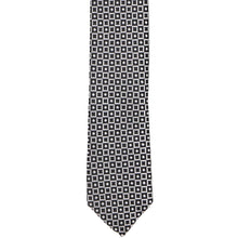 Load image into Gallery viewer, The front of a black and white square and diamond pattern skinny tie