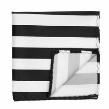 Load image into Gallery viewer, A black and white striped pocket square with the corner flipped up to show back side