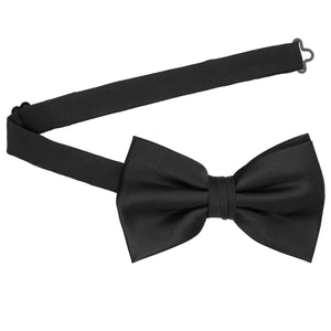 A large pre-tied black bow tie with the band collar open
