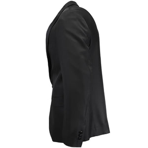 The side of an all-black formal dinner jacket