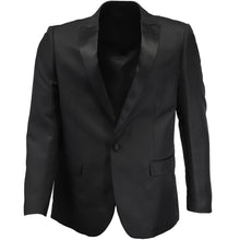 Load image into Gallery viewer, The front of a black dinner jacket with a peaked collar