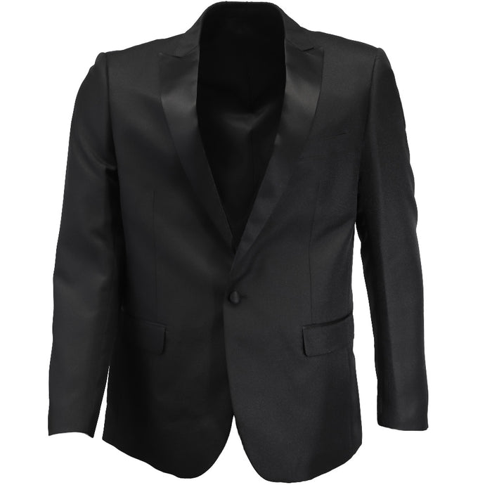 The front of a black dinner jacket with a peaked collar