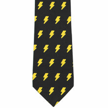 Load image into Gallery viewer, Front view of a black tie with yellow lightning bolts