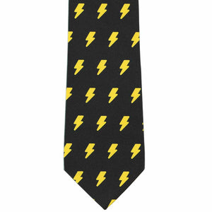 Front view of a black tie with yellow lightning bolts