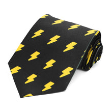 Load image into Gallery viewer, The black tie with yellow lightning bolts, rolled to show off the design