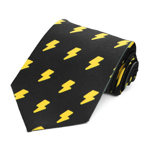 The black tie with yellow lightning bolts, rolled to show off the design