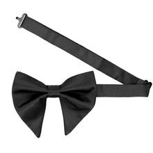 Load image into Gallery viewer, A pre-tied oversized black teardrop bow tie with the band open