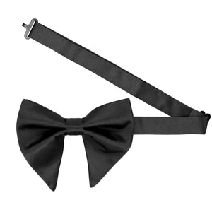 A pre-tied oversized black teardrop bow tie with the band open